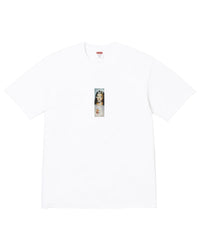 Supreme Prayer Card Box Logo Tee white, cotton tee with a small vertical prayer-card print at the chest, front view