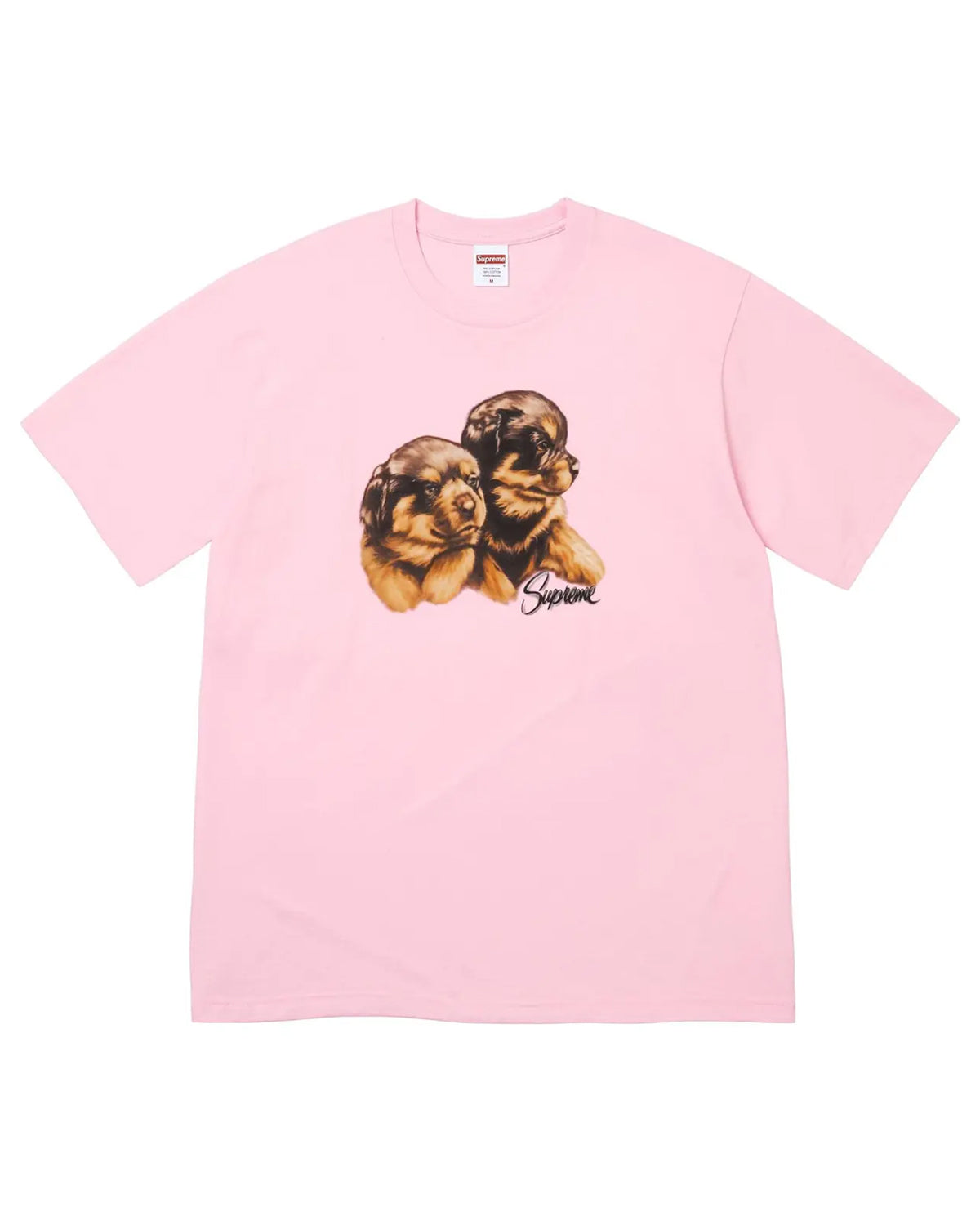 Supreme Puppies Tee pink, tee with a photo-real print of two Yorkshire terrier puppies, front view