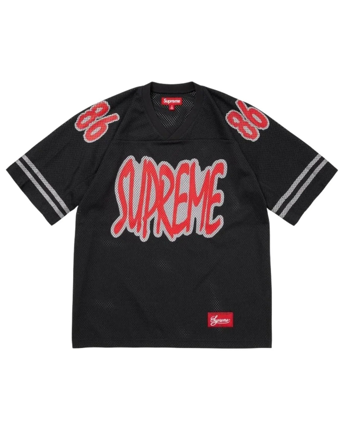 Supreme Reflective Football Jersey black, mesh jersey with red chenille Supreme lettering and 86 shoulder numbers, front view