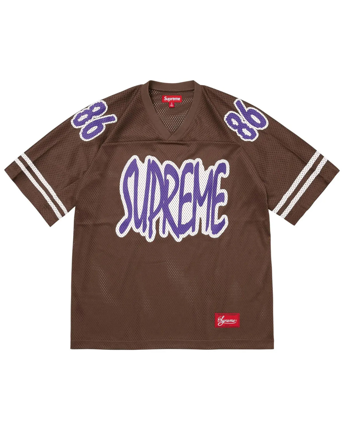 Supreme Reflective Football Jersey brown, mesh jersey with purple chenille Supreme lettering and 86 shoulder numbers, front view