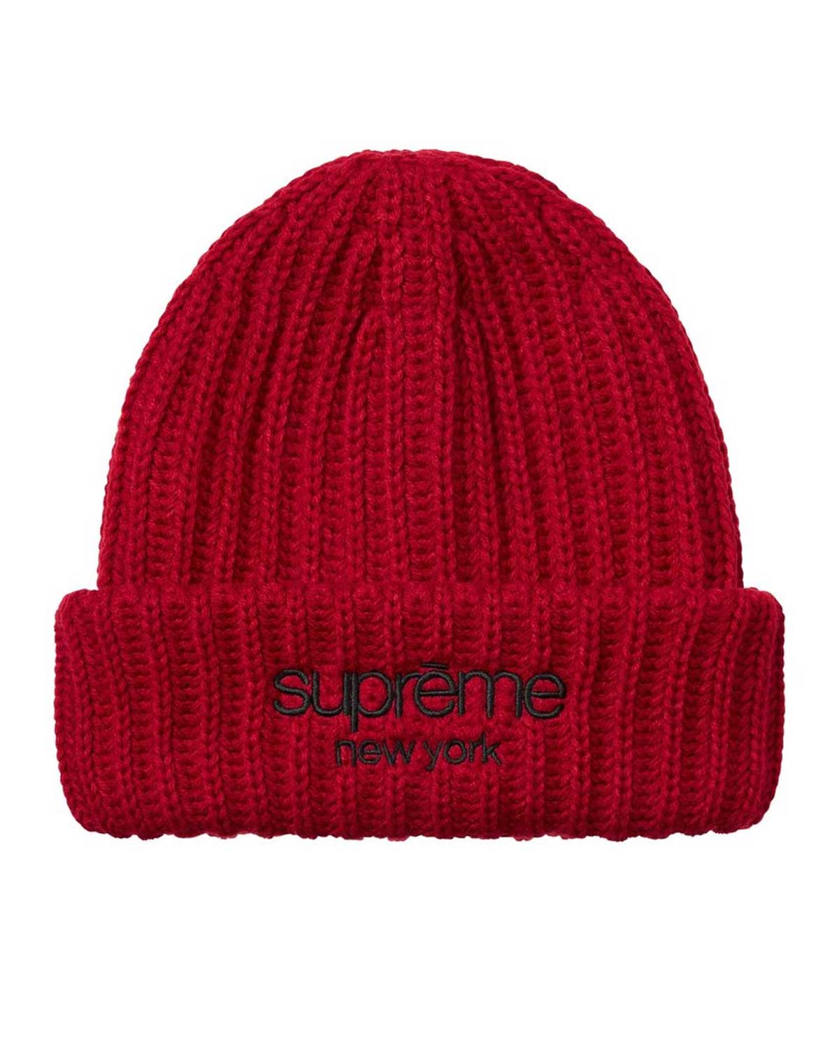 Supreme Ribbed Classic Logo Beanie dark red, dark red ribbed cuffed knit beanie with embroidered Supreme New York logo, front view