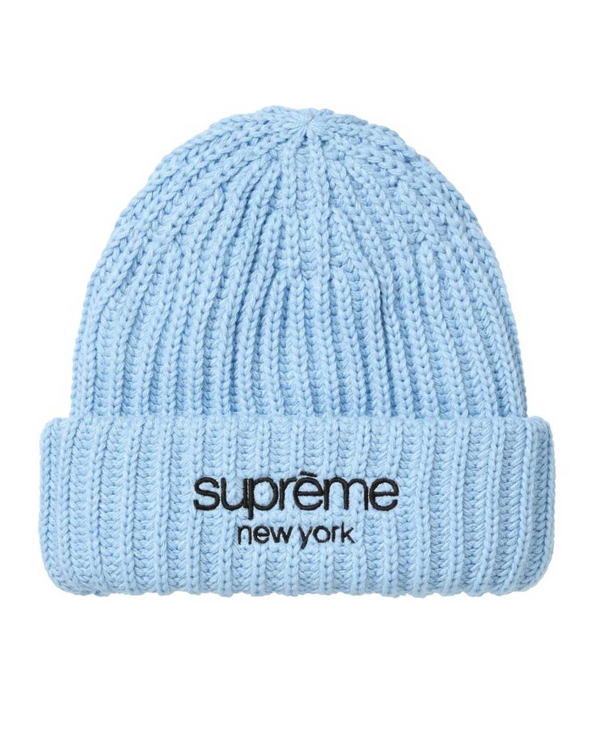 Supreme Ribbed Classic Logo Beanie light blue, light blue ribbed cuffed knit beanie with embroidered Supreme New York logo, front view