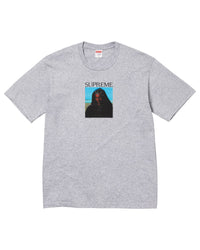Supreme Sith Tee grey, heather grey cotton tee with a small photo print of a hooded figure against a blue sky, front view