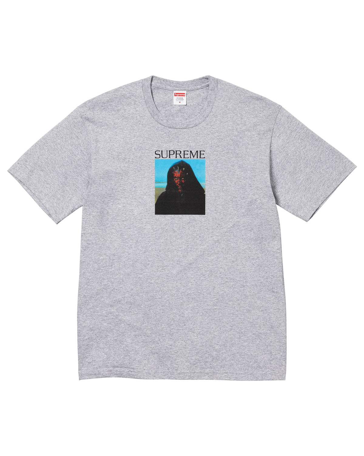 Supreme Sith Tee grey, heather grey cotton tee with a small photo print of a hooded figure against a blue sky, front view