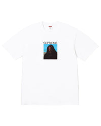 Supreme Sith Tee white, cotton tee with a small photo print of a hooded figure against a blue sky, front view