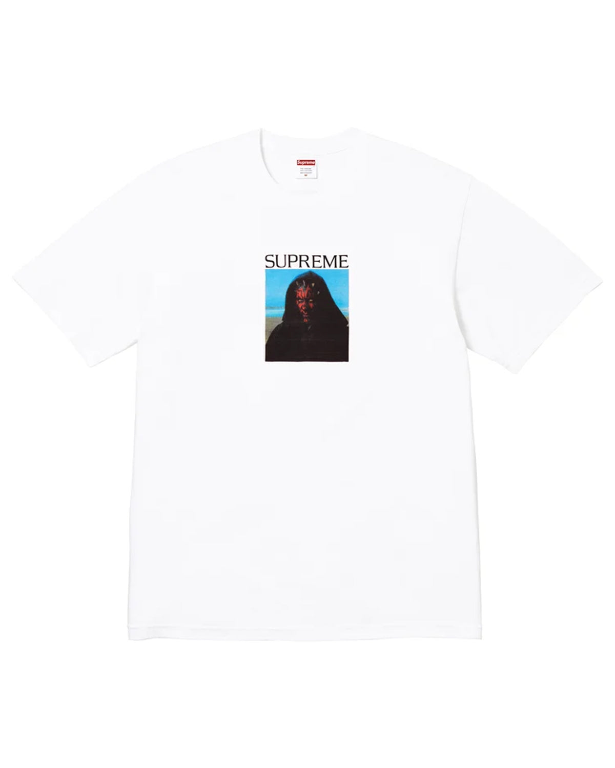 Supreme Sith Tee white, cotton tee with a small photo print of a hooded figure against a blue sky, front view