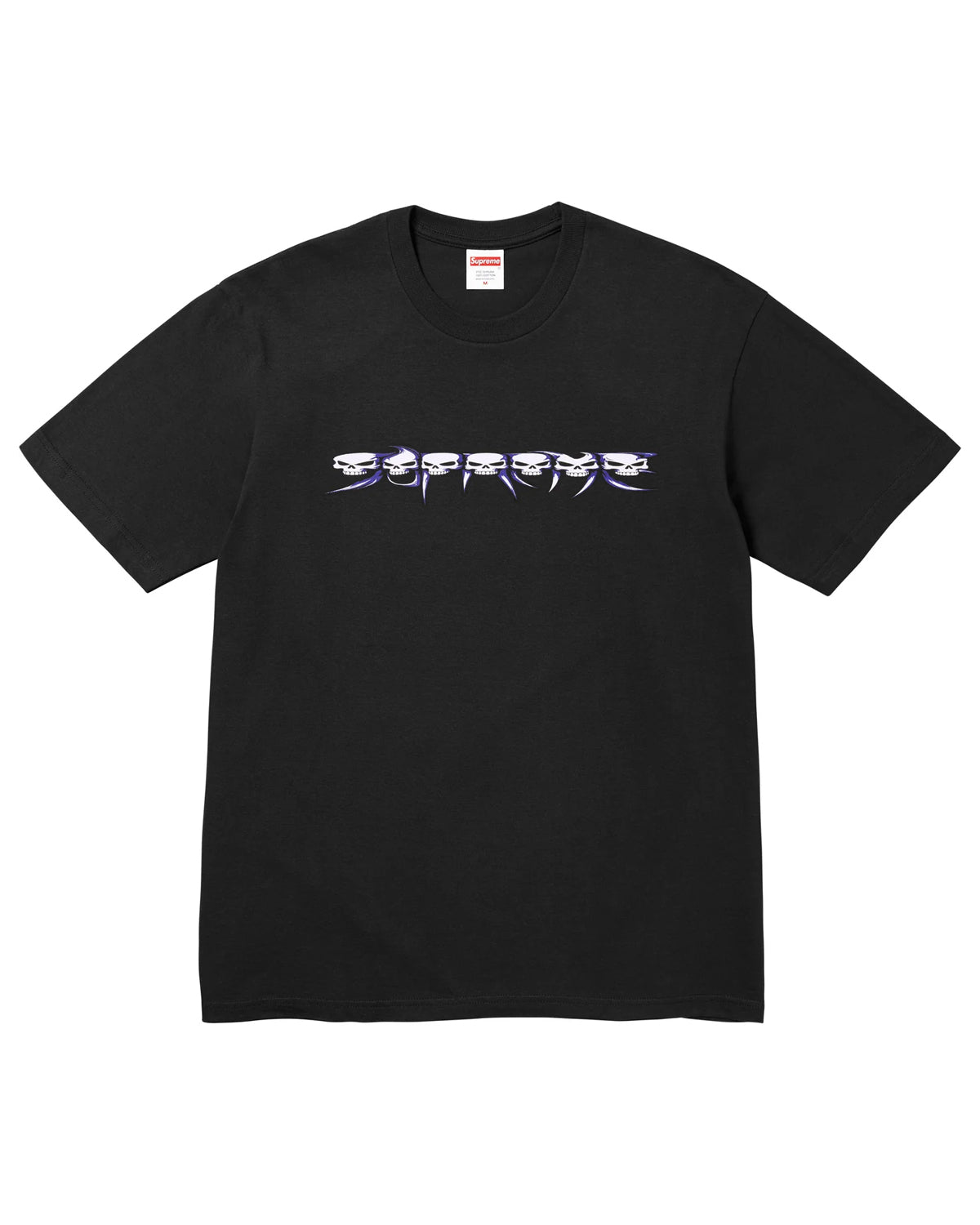 Supreme Skulls Spellout Tee black, cotton tee with SUPREME spelled out in a row of stacked skulls across the chest, front view