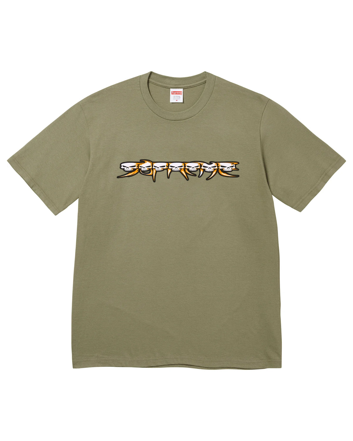 Supreme Skulls Spellout Tee light olive, cotton tee with SUPREME spelled out in a row of stacked skulls across the chest, front view
