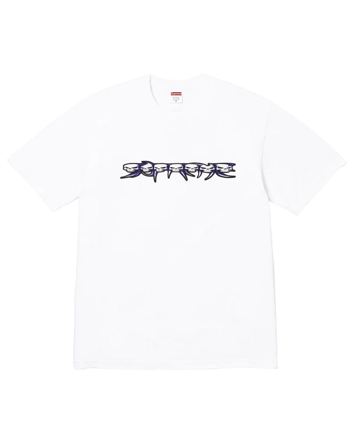 Supreme Skulls Spellout Tee white, cotton tee with SUPREME spelled out in a row of stacked skulls across the chest, front view