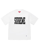Supreme Stretch S/S Top white, tee with an arched black collegiate Supreme chest print, front view