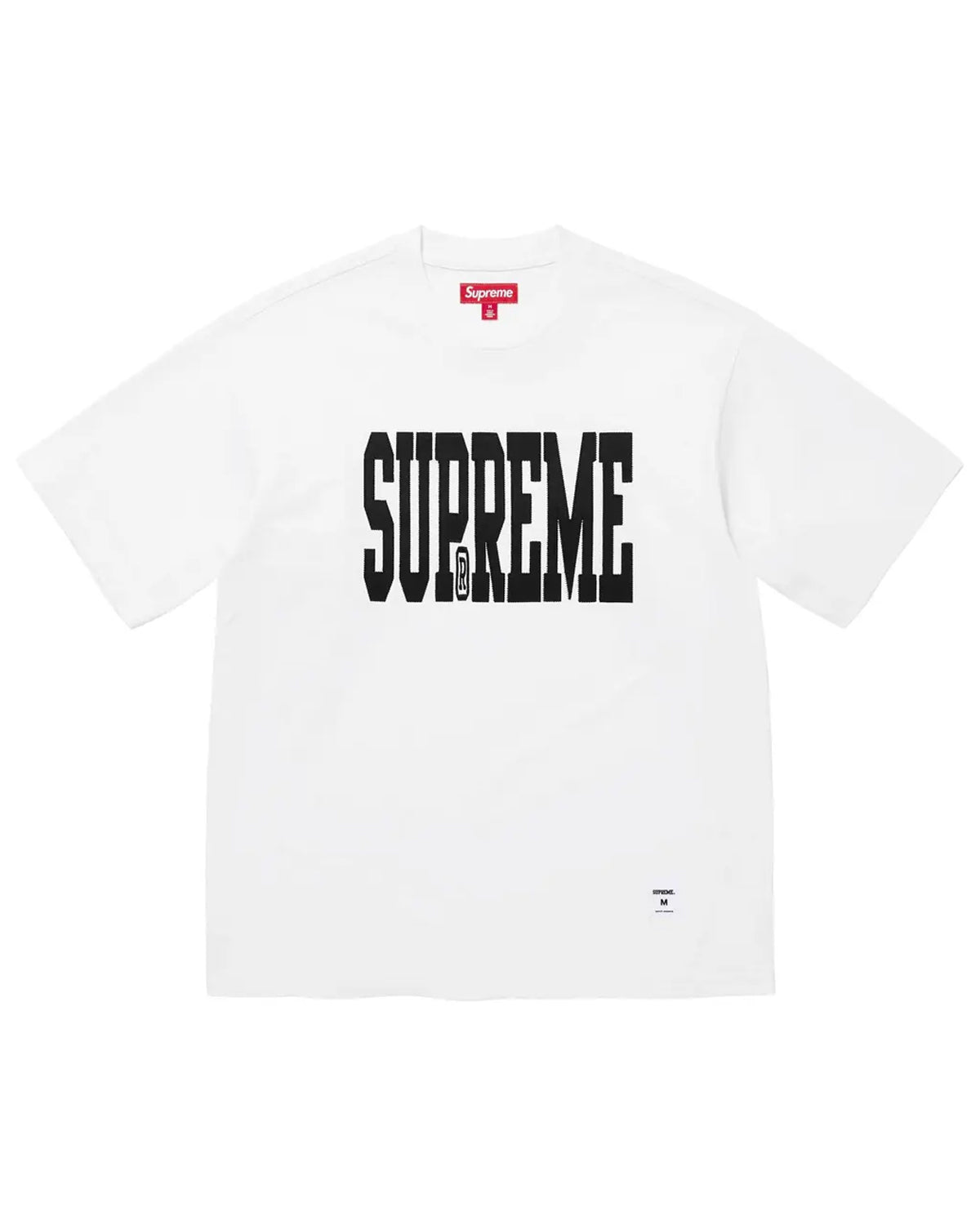 Supreme Stretch S/S Top white, tee with an arched black collegiate Supreme chest print, front view
