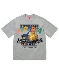 Supreme Undisputed S/S Top grey, tee with a championship belt graphic and flame-lettered Supreme logo, front view