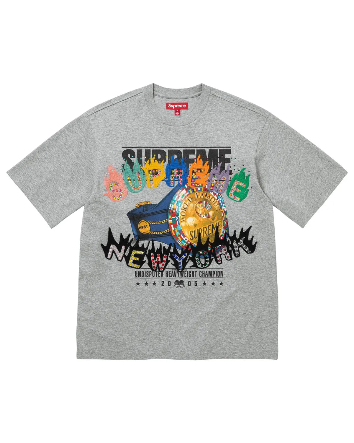 Supreme Undisputed S/S Top grey, tee with a championship belt graphic and flame-lettered Supreme logo, front view