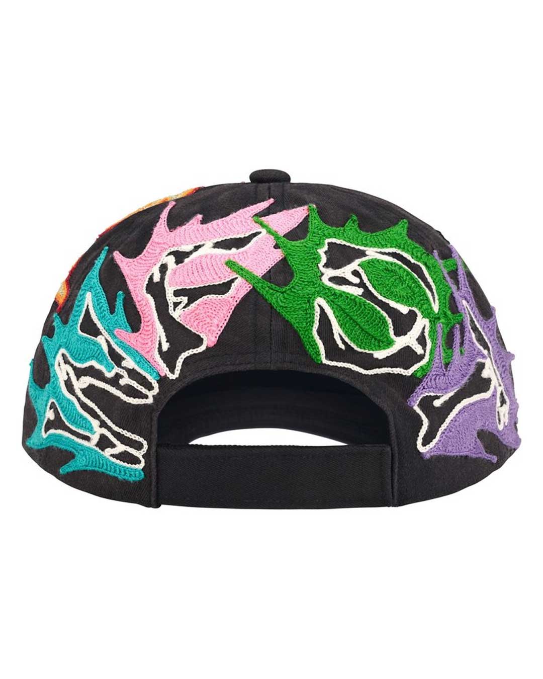 Supreme WFST 6 Panel Hat black, back view showing flame embroidery and the adjustable strap