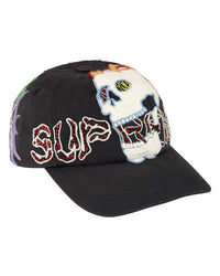 Supreme WFST 6 Panel Hat black, alternate front view of the flaming skull embroidery