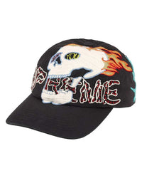 Supreme WFST 6 Panel Hat black, embroidered six-panel cap with flaming skull and SUPREME lettering, front view