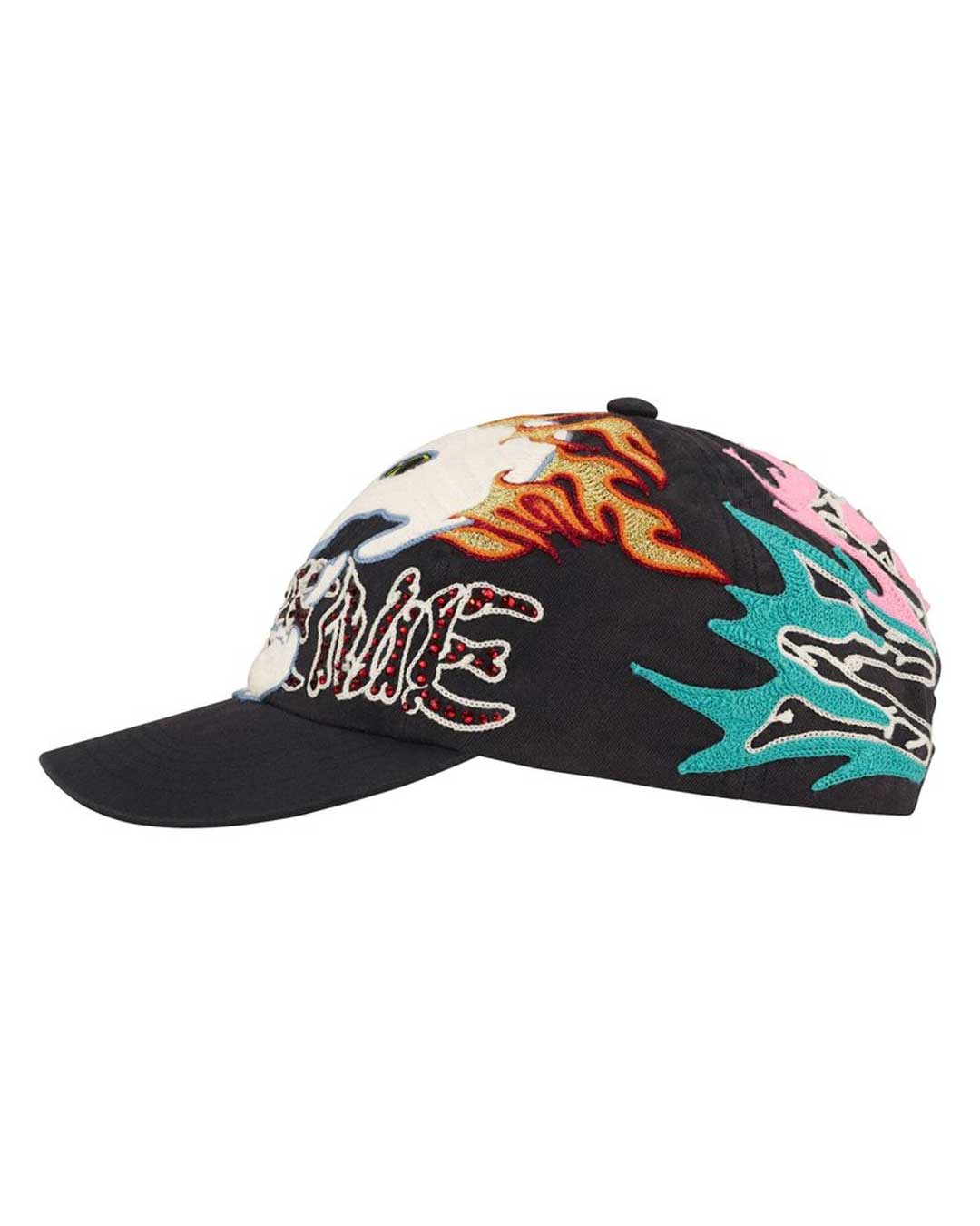 Supreme WFST 6 Panel Hat black, opposite side view showing the flame embroidery