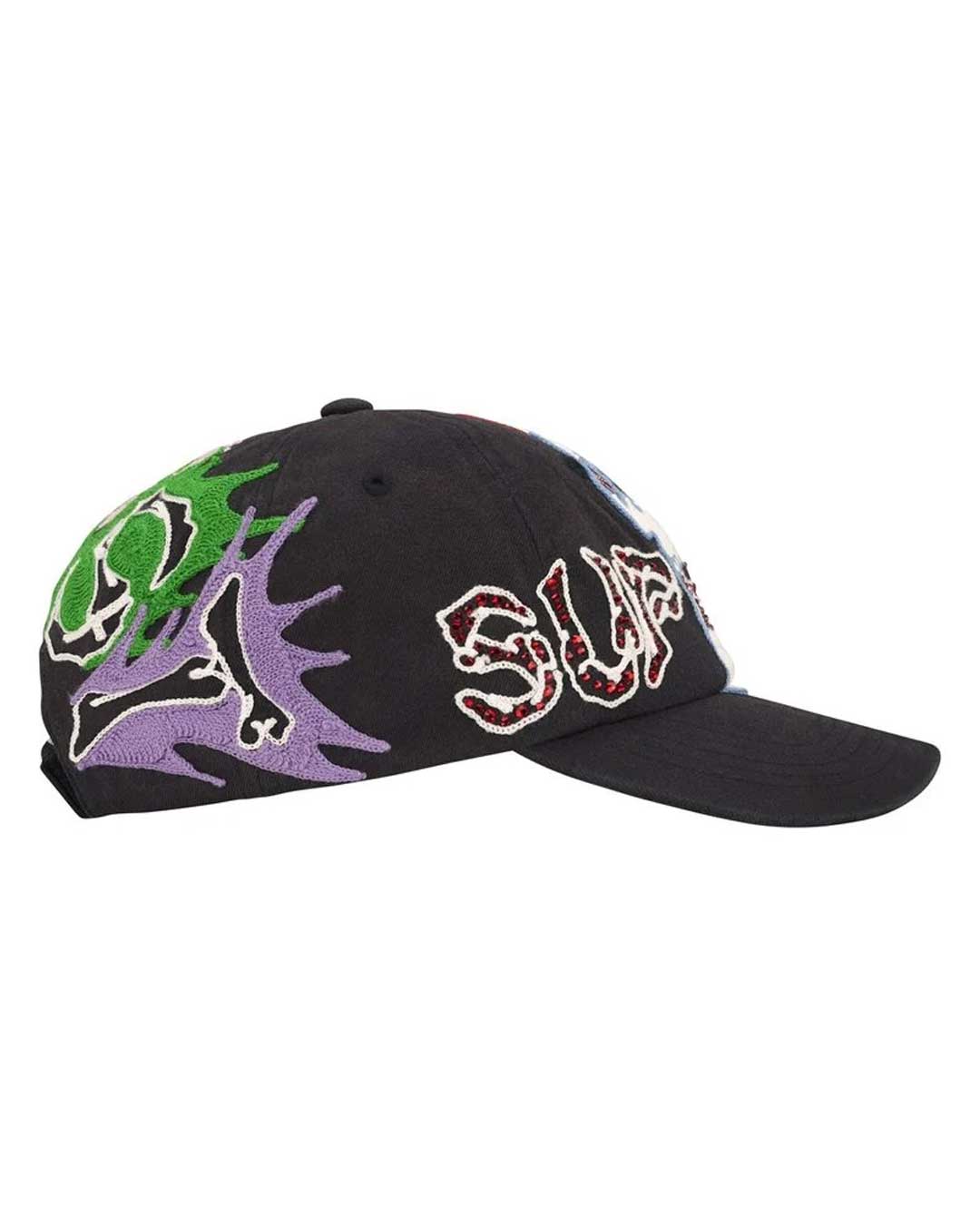 Supreme WFST 6 Panel Hat black, side view showing the multicolored flame embroidery