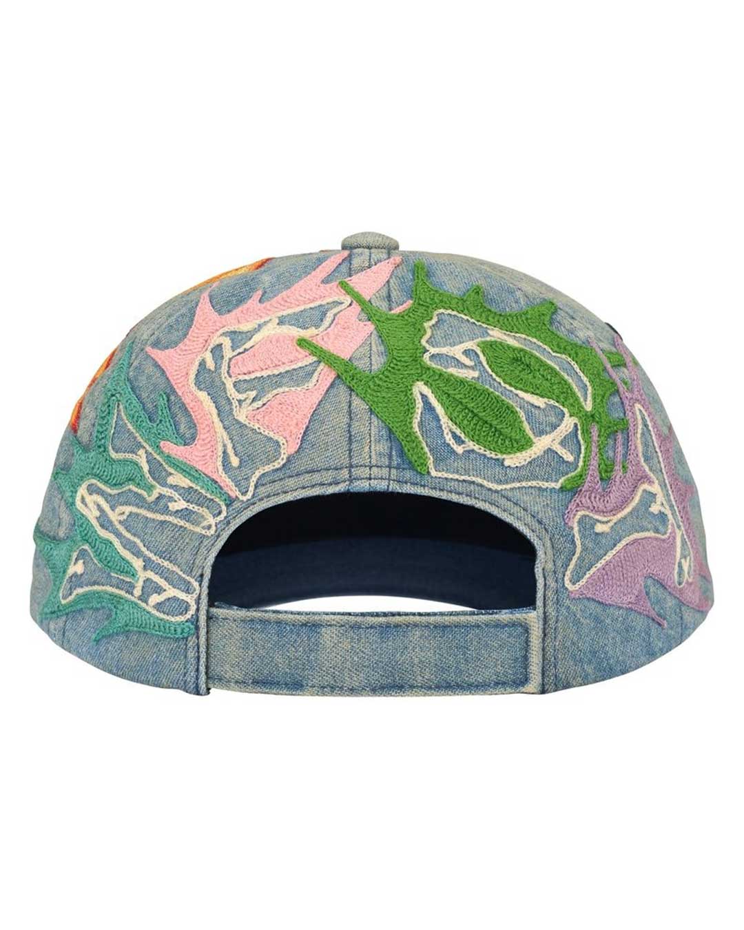 Supreme WFST 6 Panel Hat denim blue, back view showing flame embroidery and the adjustable strap