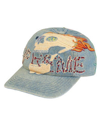 Supreme WFST 6 Panel Hat denim blue, embroidered six-panel cap with flaming skull and SUPREME lettering, front view