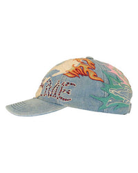 Supreme WFST 6 Panel Hat denim blue, angled side view of the flame embroidery