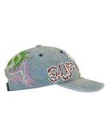 Supreme WFST 6 Panel Hat denim blue, opposite side view showing the flame embroidery
