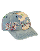 Supreme WFST 6 Panel Hat denim blue, side view showing the multicolored flame embroidery