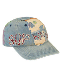 Supreme WFST 6 Panel Hat denim blue, side view showing the multicolored flame embroidery