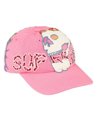Supreme WFST 6 Panel Hat pink, alternate front view of the flaming skull embroidery