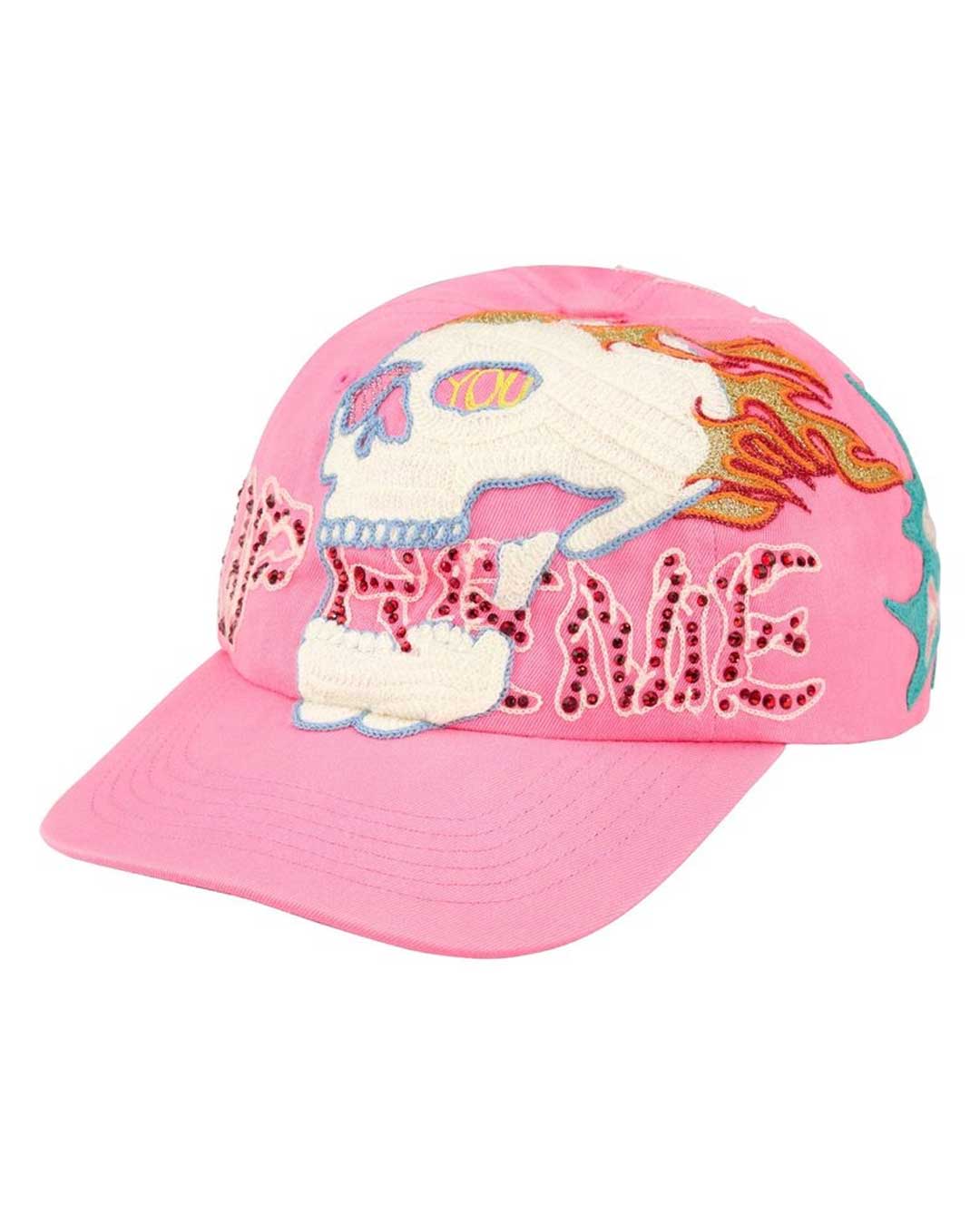 Supreme WFST 6 Panel Hat pink, embroidered six-panel cap with flaming skull and SUPREME lettering, front view