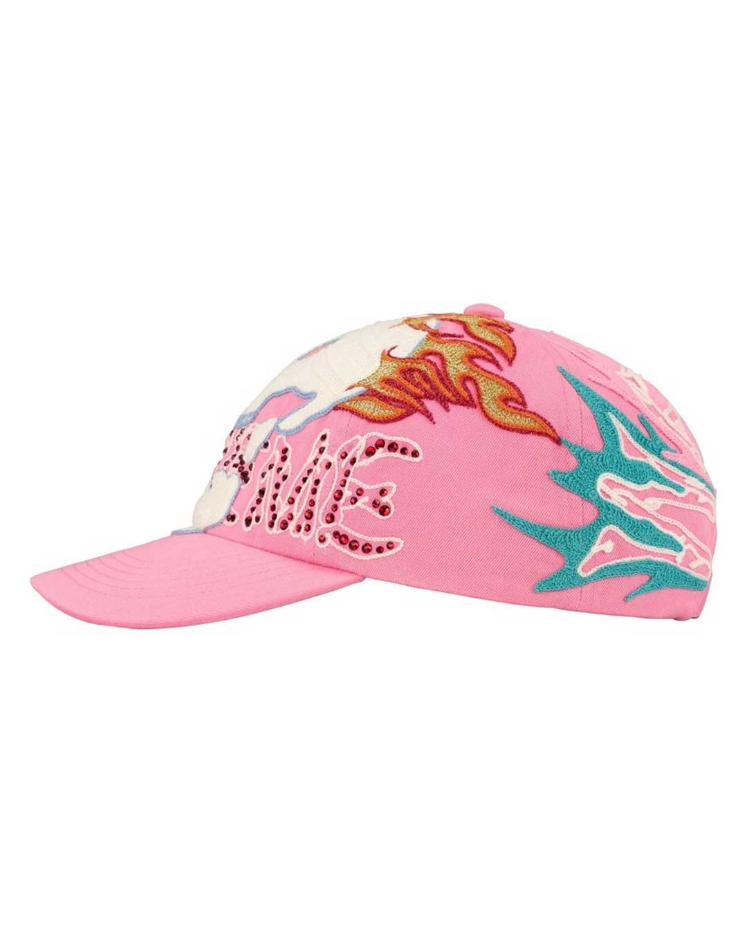 Supreme WFST 6 Panel Hat pink, opposite side view showing the flame embroidery