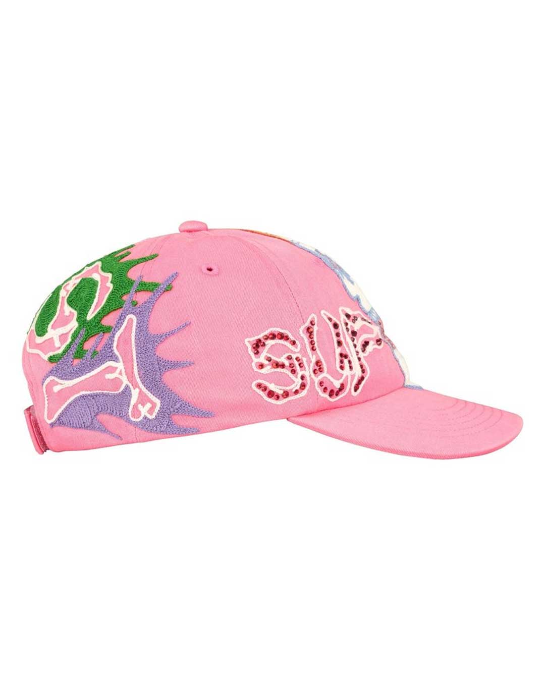 Supreme WFST 6 Panel Hat pink, side view showing the multicolored flame embroidery
