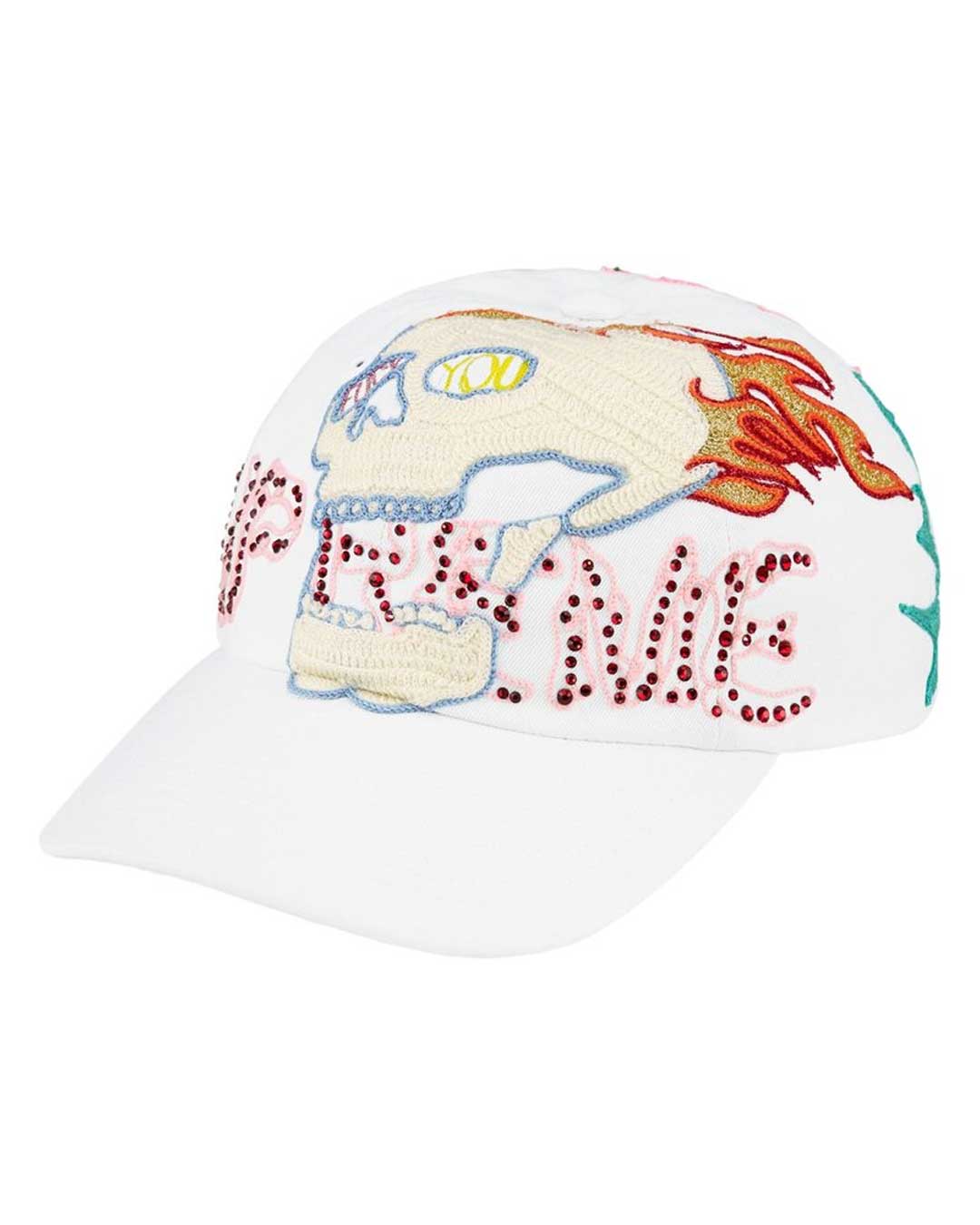 Supreme WFST 6 Panel Hat white, embroidered six-panel cap with flaming skull and SUPREME lettering, front view