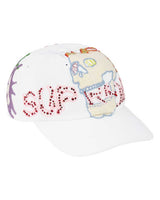 Supreme WFST 6 Panel Hat white, alternate front view of the flaming skull embroidery