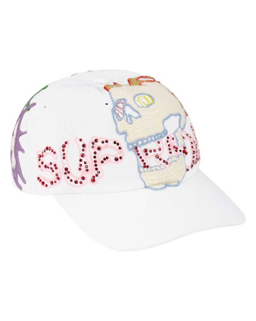 Supreme WFST 6 Panel Hat white, alternate front view of the flaming skull embroidery