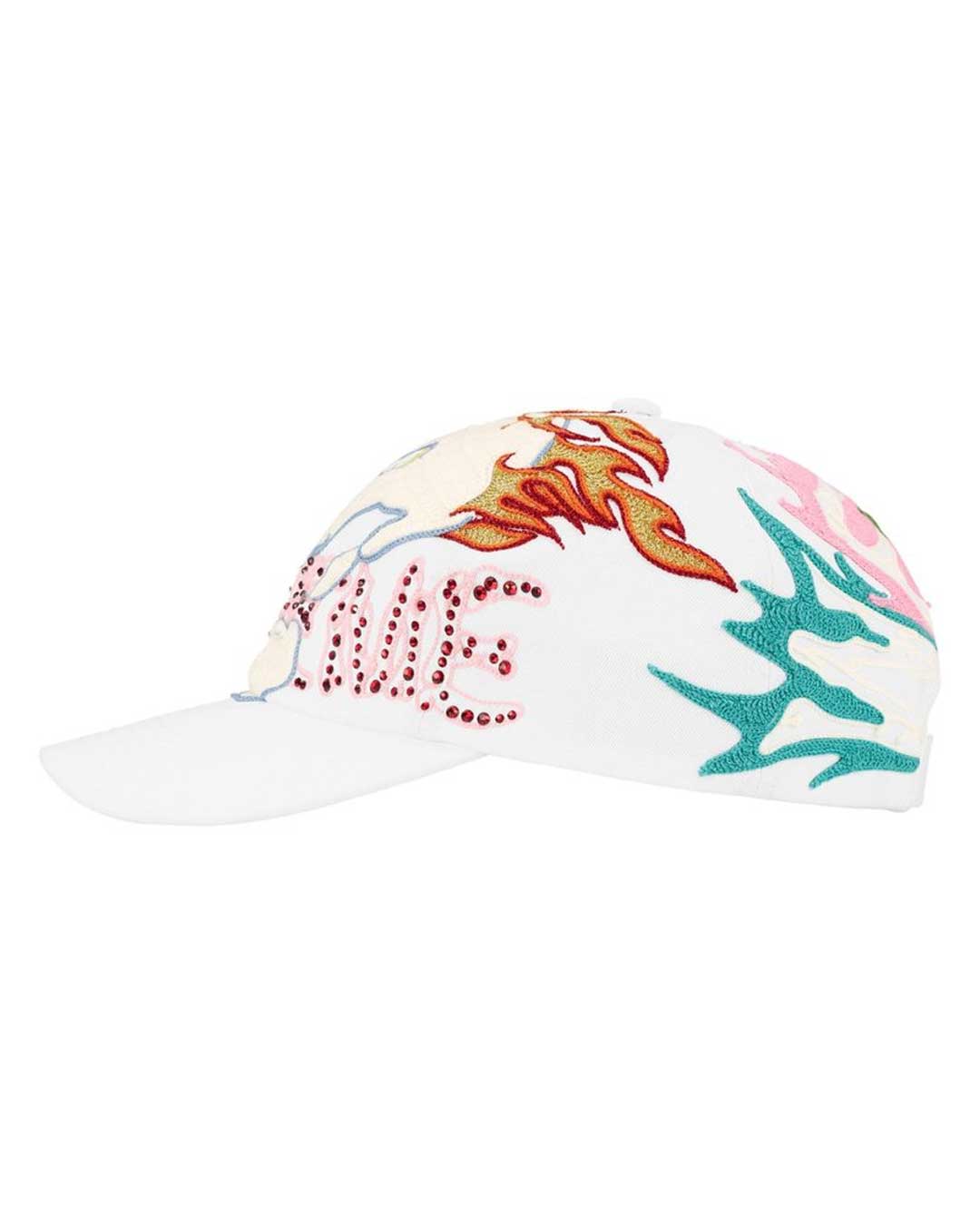 Supreme WFST 6 Panel Hat white, opposite side view showing the flame embroidery