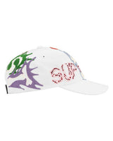 Supreme WFST 6 Panel Hat white, side view showing the multicolored flame embroidery