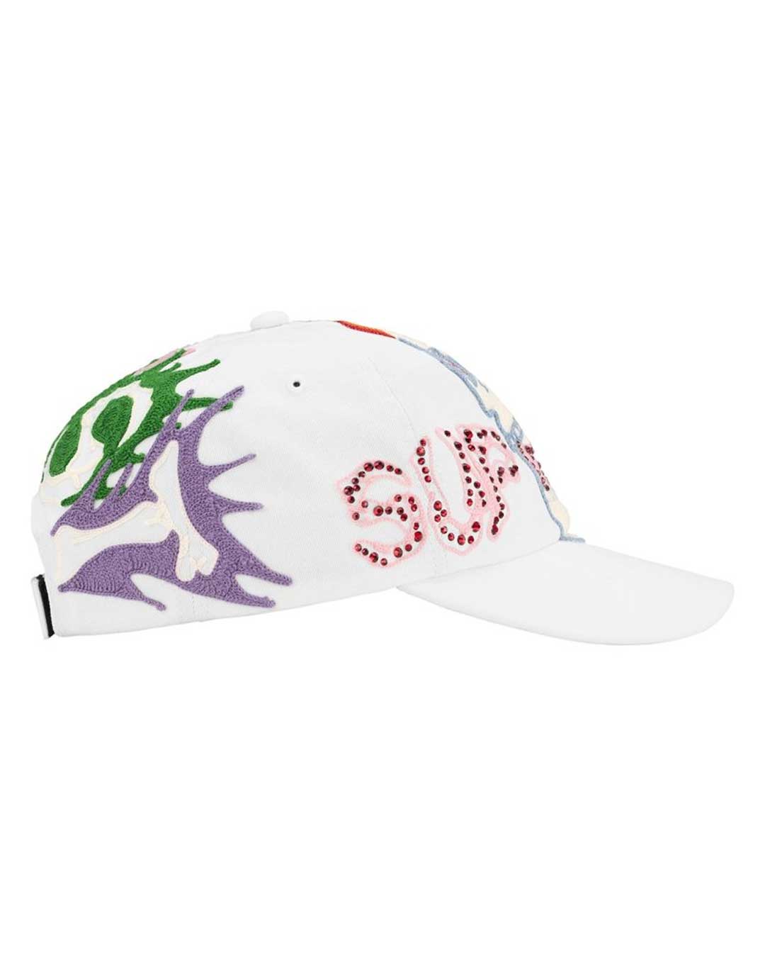 Supreme WFST 6 Panel Hat white, side view showing the multicolored flame embroidery