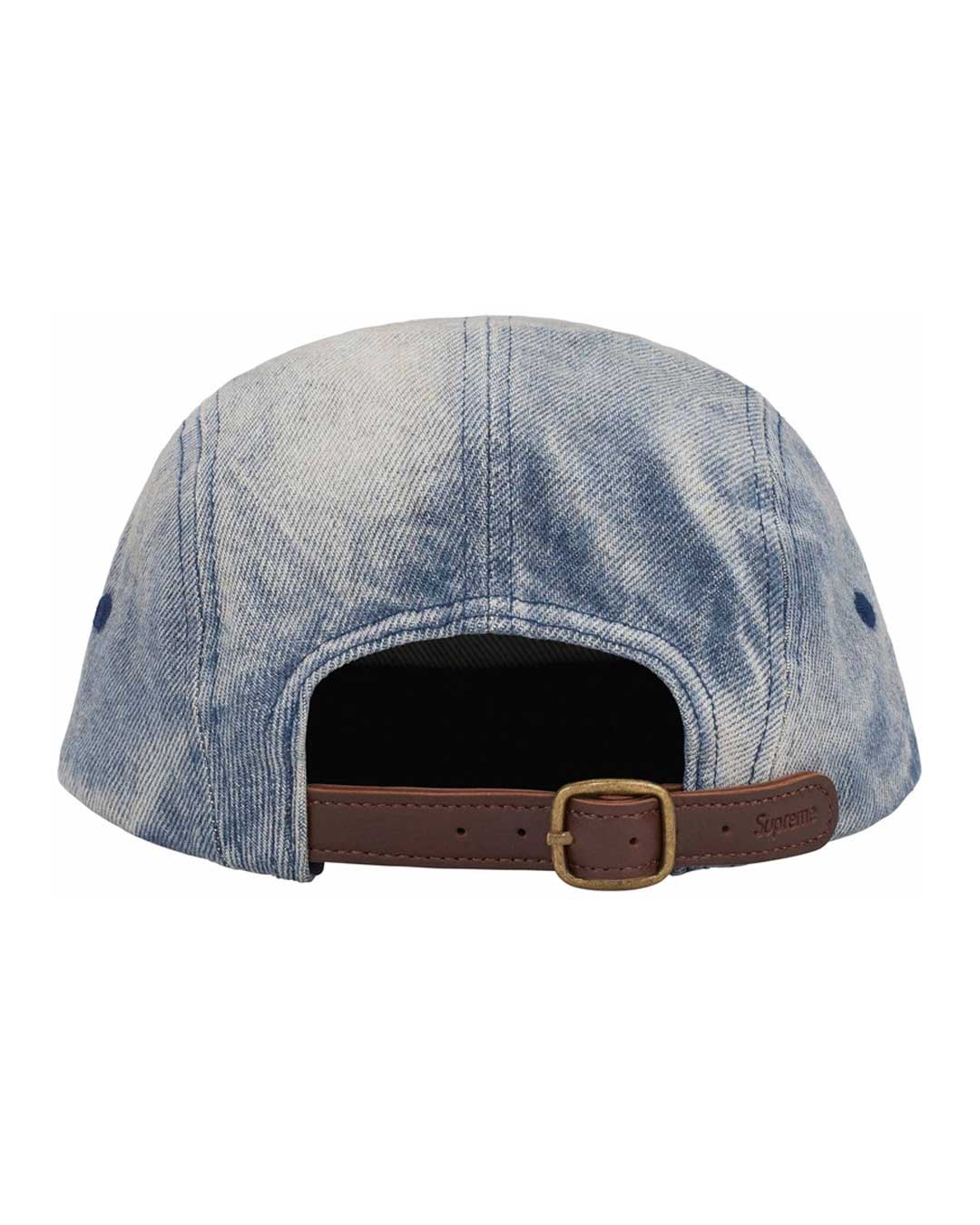 Supreme Washed Chino Twill Camp Cap dirty indigo, back view showing the leather strap and brass buckle