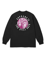 Supreme You Still Suck L/S Tee black, back view with a large magenta circle graphic of two skulls in shades and arched Supreme lettering