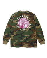 Supreme You Still Suck L/S Tee camo, back view with a large circle graphic of two skulls in shades and arched Supreme lettering