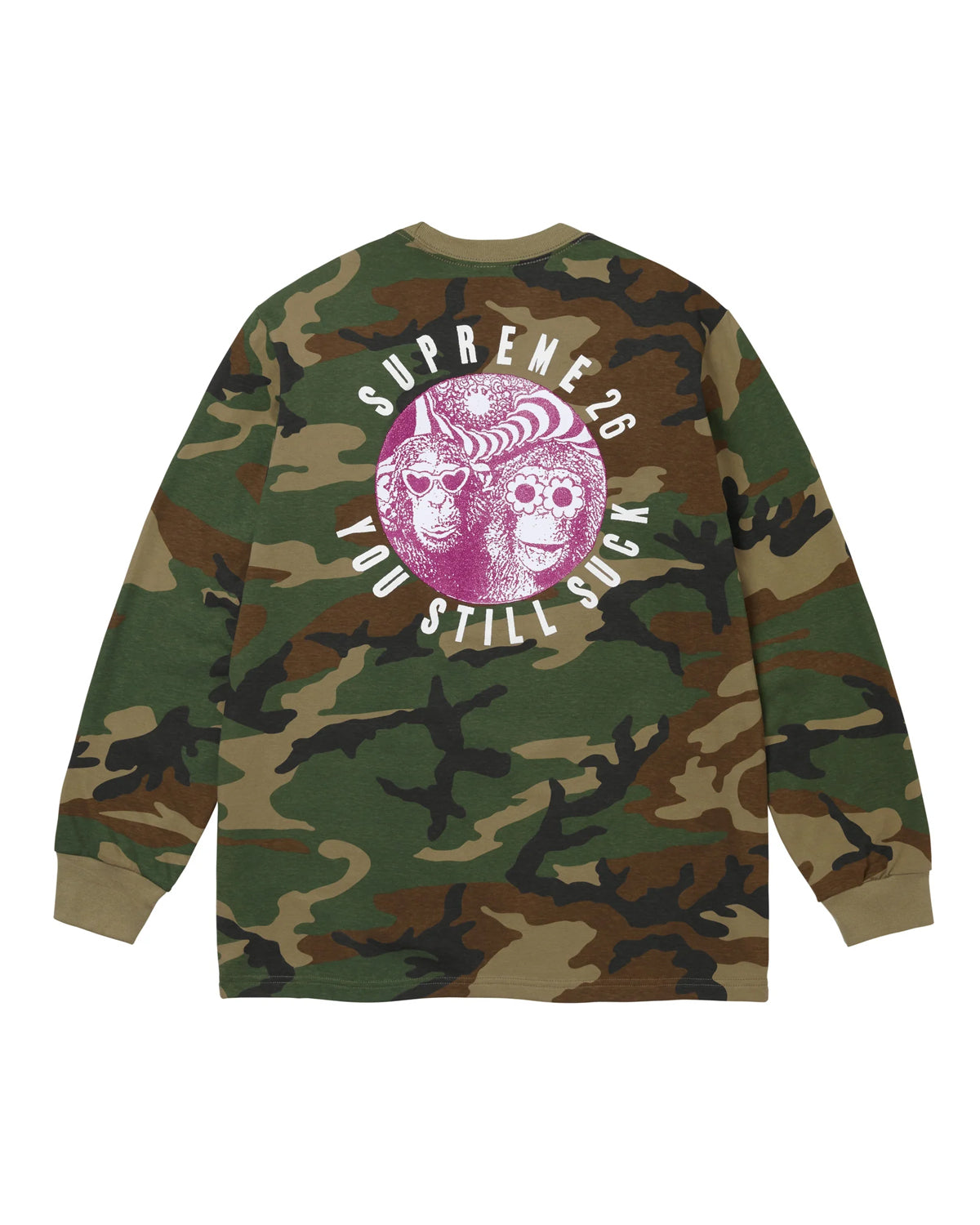 Supreme You Still Suck L/S Tee camo, back view with a large circle graphic of two skulls in shades and arched Supreme lettering
