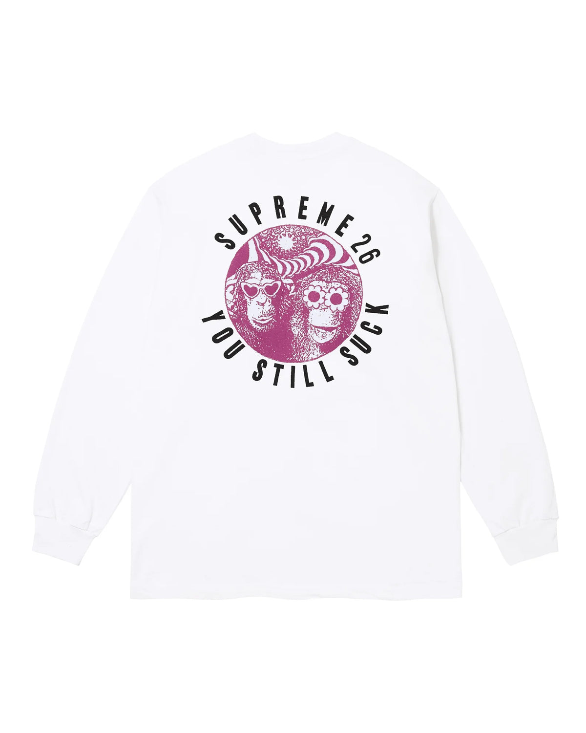 Supreme You Still Suck L/S Tee white, back view with a large circle graphic of two skulls in shades and arched Supreme lettering