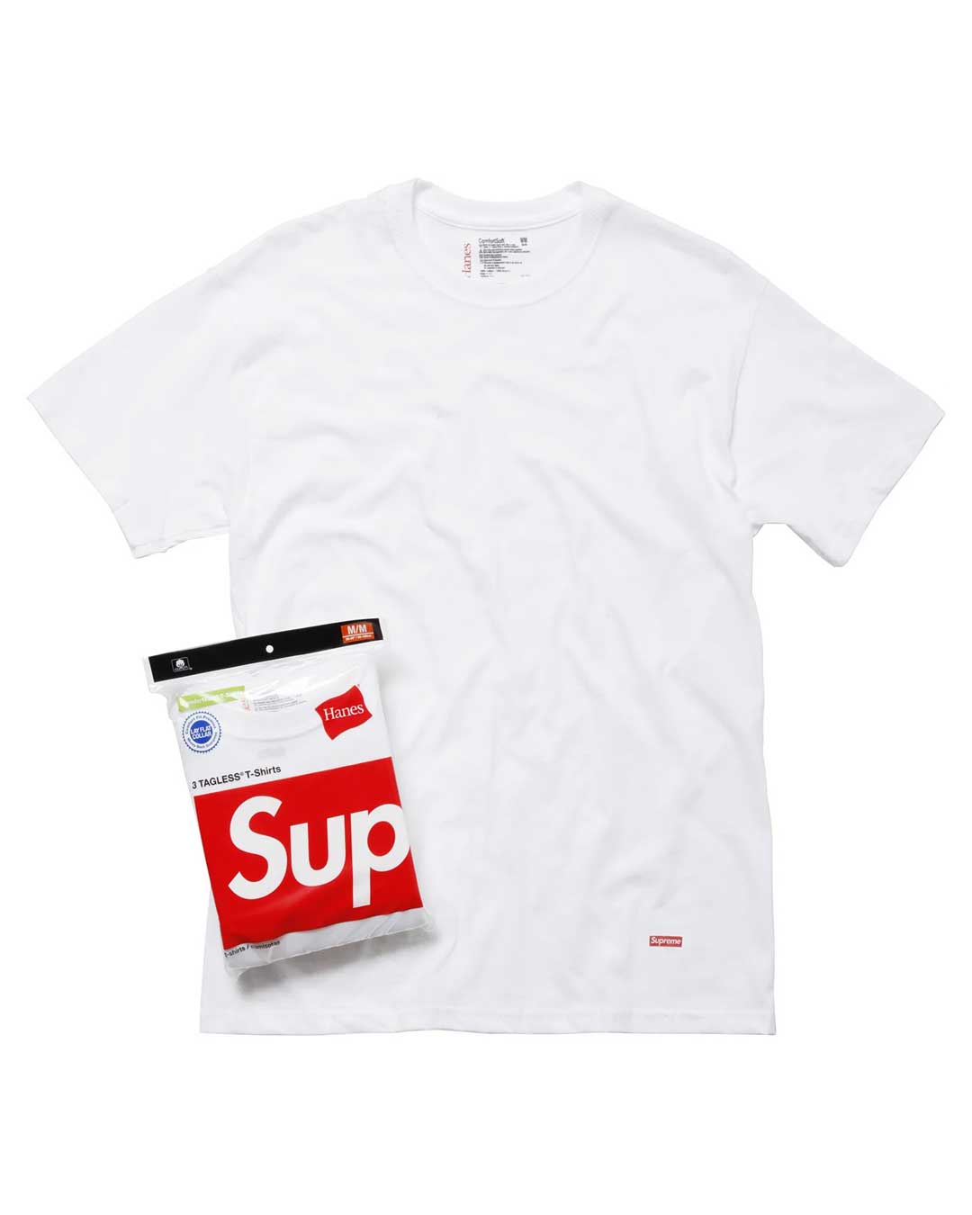 Supreme x Hanes Tagless Tee white 3 pack, plain white tee with red Supreme hem tab beside the retail pack, front view