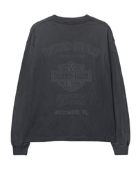 Triple Sevens Harley L/S Tee black, arched tonal biker back print reading Hollywood FL, back view