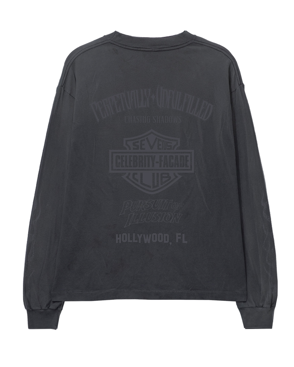Triple Sevens Harley L/S Tee black, arched tonal biker back print reading Hollywood FL, back view