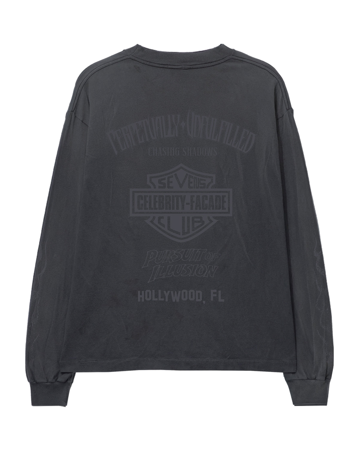 Triple Sevens Biker L/S Tee black, arched Celebrity-Facade back print over a bar-and-shield reading Hollywood FL, back view