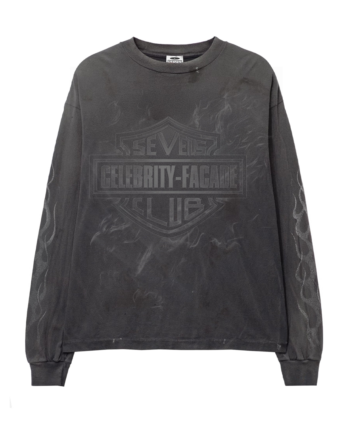 Triple Sevens Harley L/S Tee black, washed long sleeve tee with a tonal black-on-black bar-and-shield biker crest, front view