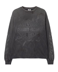Triple Sevens Harley L/S Tee black, washed long sleeve tee with a tonal black-on-black bar-and-shield biker crest, front view