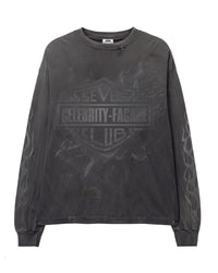 Triple Sevens Biker L/S Tee black, washed long sleeve with tonal black bar-and-shield Sevens Club print and flame sleeves, front view